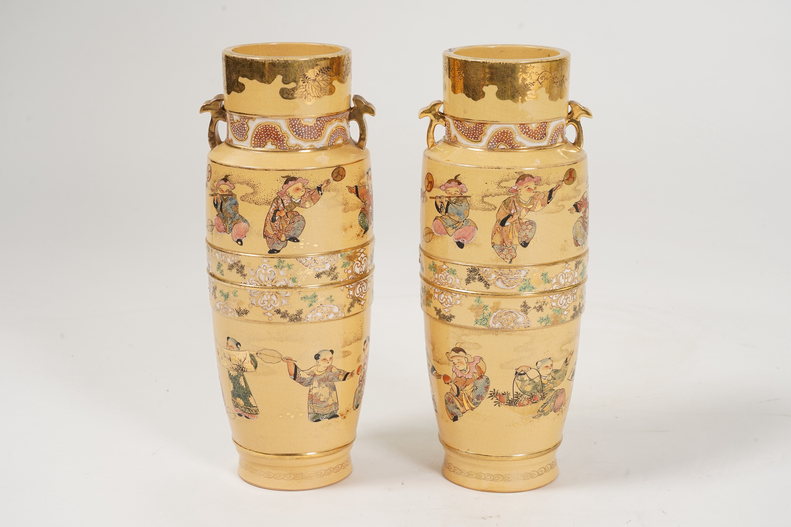 A rare pair of Japanese Satsuma lustre glazed vases, signed Fukumara, Meiji period